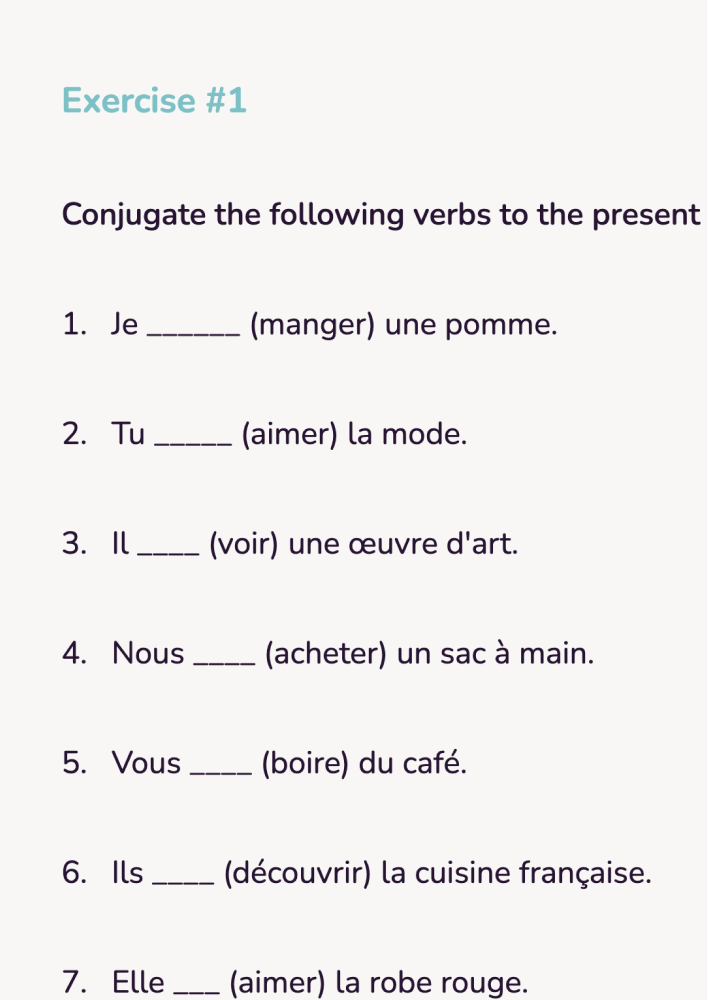 Sample of a free French workbook for beginners