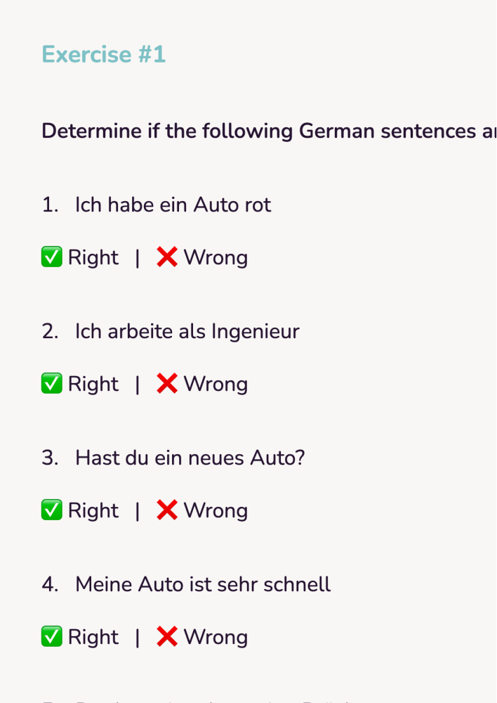 A German true or false grammar exercise